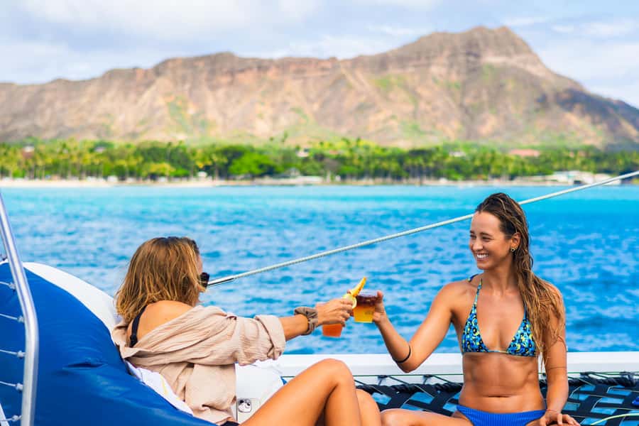Board from Waikiki Beach for our Aloha Hour Sail - Boarding Hawea: Catamaran Comfort and That Front-Net View